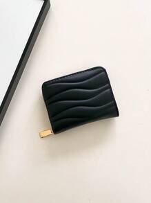 1pc Short Wavy Pattern Wallet Card Holder Portable Fashion Short Wallet Suitable For Women's Daily Use Dating Gift,Men's Wallet - Black - View 4