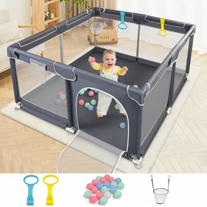 128*128*68 Baby Playpen With Anti-Collision Foam, Baby Fence With Breathable Mesh Indoor Outdoor Play Yard For Babies And Toddlers