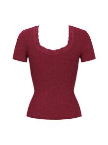 Y2K Women's T-Shirt Solid Color Slim Sexy Short Sleeve Lace Lace Top