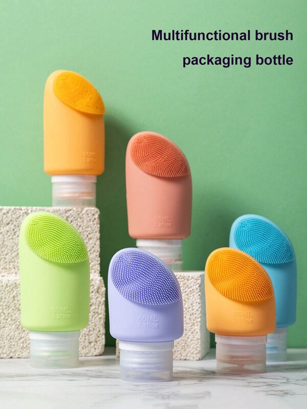 1pc 60ml Multi-Functional Silicone Travel Refillable Bottle With Soft Face Wash Brush, Portable Makeup Storage Container Durable And Anti-Fall For Outdoor/Business Trip