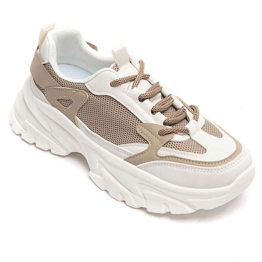 Flat Sneakers With Laces And Two-Tone Design - Khaki - View 1