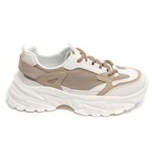Flat Sneakers With Laces And Two-Tone Design - Khaki - View 2