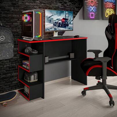 Mesa Para Computador Gamer – Escrivaninha Com Nicho Preto e Vermelha
