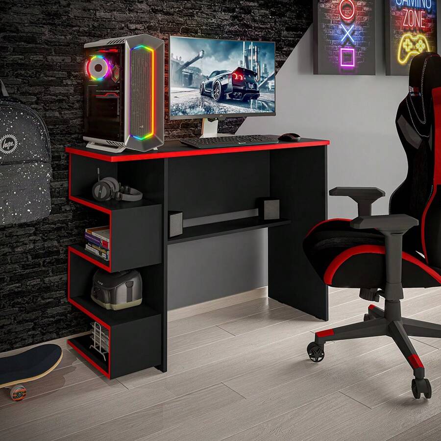 Gaming Computer Table – Desk With Black And Red Niche - Red - View 1