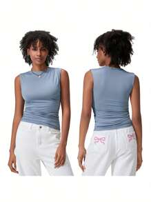 Women's Ruched Tank Tops Slim Solid Color Boat Neck Sleeveless Shirt For Party Club - Blue - View 2