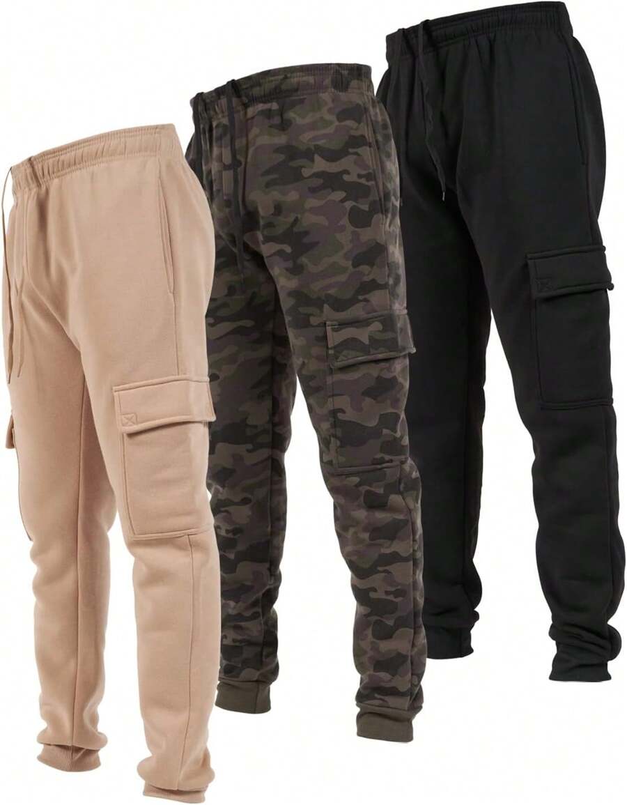 Ultra Performance 3 Pack Mens Sweatpants, Fleece Cargo Joggers For Men With Pockets - Black / Khaki / Green Camo - View 1
