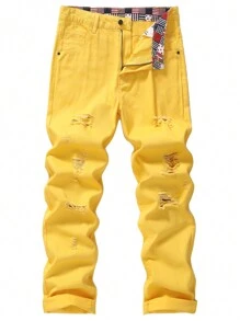 Men's Ripped Non-Stretch Regular Fit Straight-Leg Denim Pants Jeans - 黃色 - 查看 1