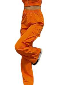 Women's Casual Pants, Elastic Waist Solid Color Straight Leg Pocketed Loose Cargo Trousers - 橘色 - 查看 7
