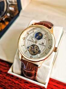 1pc Brown Crocodile Embossed PU Polyurethane Strap Casual Water Resistant Tourbillon Round Dial Mechanical Watch, For Daily Life