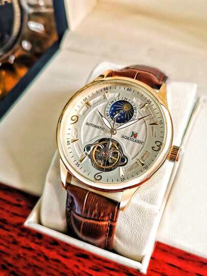 1pc Brown Crocodile Embossed PU Polyurethane Strap Casual Water Resistant Tourbillon Round Dial Mechanical Watch, For Daily Life