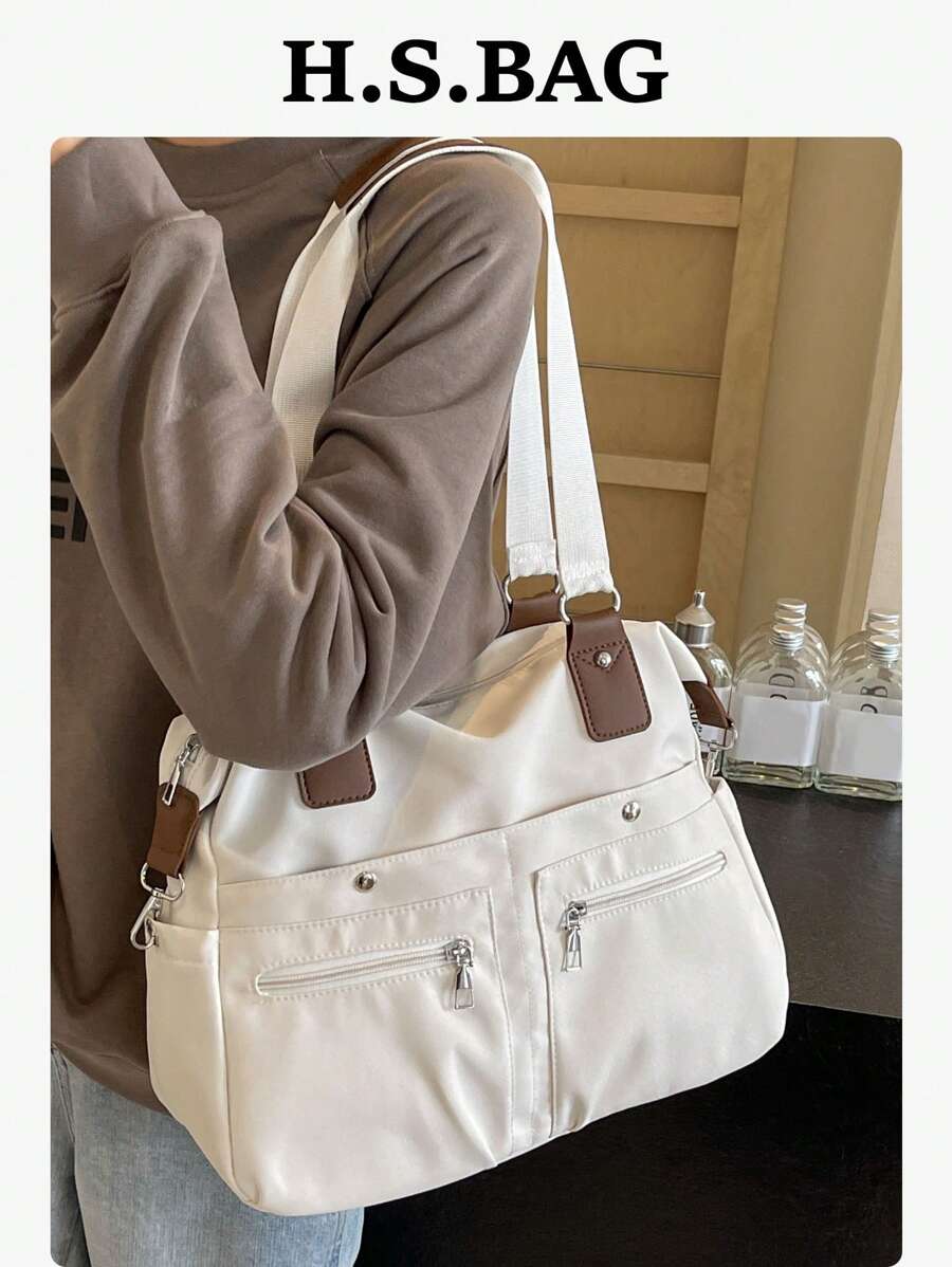 1入實色多袋多肩帶女士手提袋，時尚中性肩袋，大容量休閒斜背包，適合日常通勤和大學生，使用織物材料 - 白色 - 查看 1