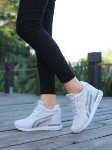 Women's Breathable Mesh Platform Sneakers, Casual Lace Up Outdoor Shoes, Women's Comfortable Shoes - White - View 8