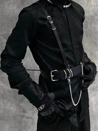 哥特朋克身体链腰带：可调节黑色 PU 皮革，带大圆圈装饰 - 男士身体链时尚配饰 - 适合日常佩戴和庆祝场合