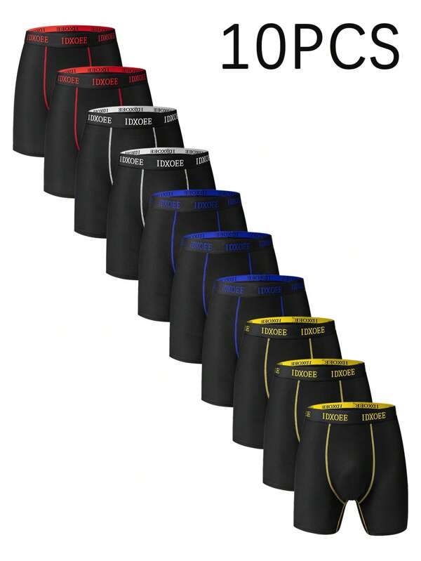 10pcs/Pack Men's Comfortable Solid Color Long Boxer Briefs - Durable, Soft, Loose, Casual - Suitable For All Seasons, Sports, Beach, Pool And Daily Wear