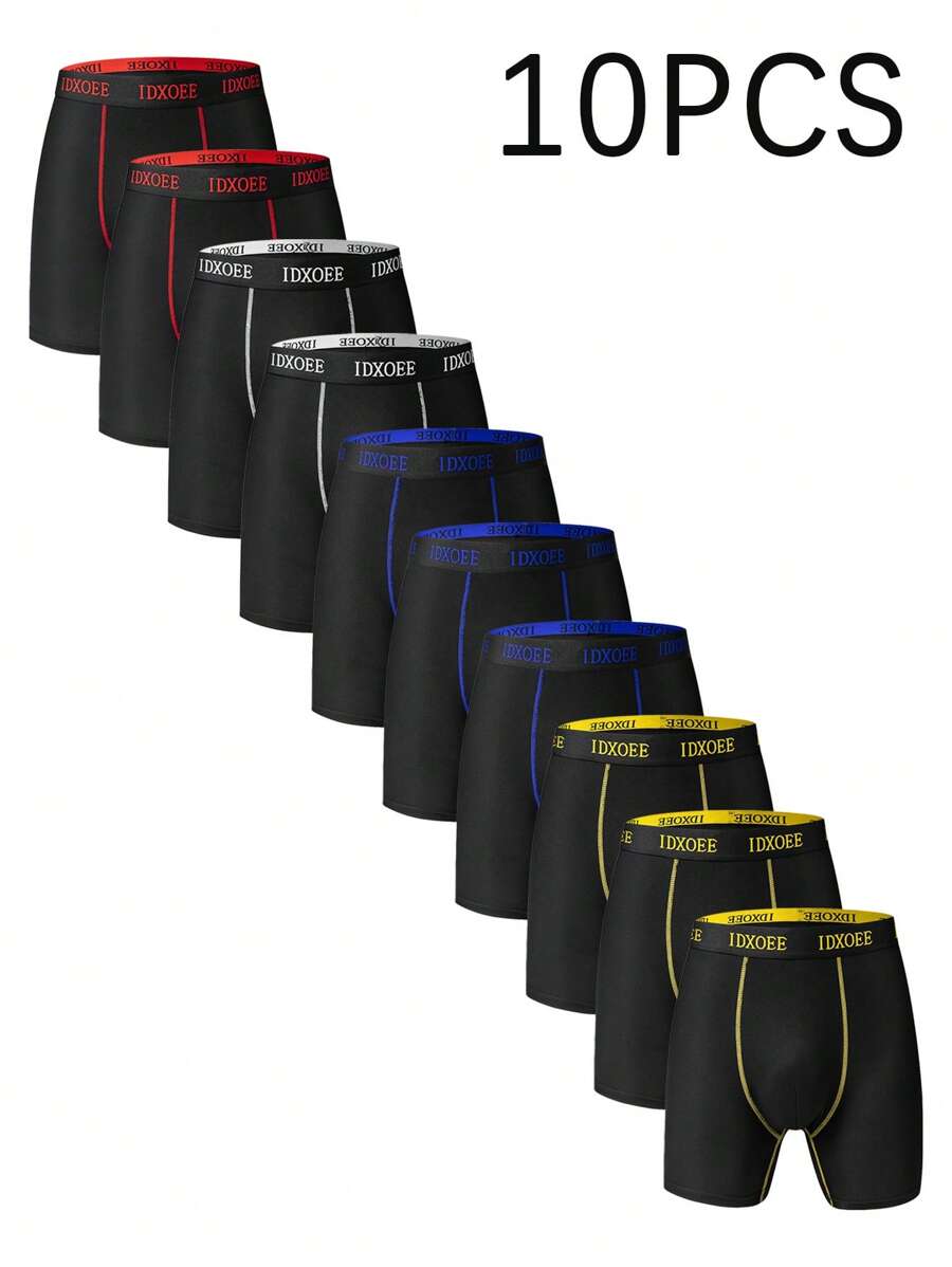 10 pièces/paquet Boxers longs confortables de couleur unie pour hommes - Durables, doux, amples, décontractés - Convient pour toutes les saisons, les sports, la plage, la piscine et le port quotidien - Multicolore - Voir 1