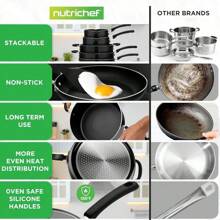 NutriChef Space Saver 17-Piece Nonstick Cookware Set - Brown Pots And Pans With Stackable Design, Foldable Handles, Induction Ready - Black - View 3