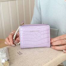 Women's Fashionable Crocodile Embossed Faux Pearl Chain Folding Coin Minimalist Korean Style Handheld Wallet Pink Wristlet Keychain Wallet Gifts Valentines For Women Wallet Purse Wallet Small Wallet