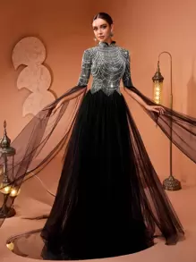 AMILUCK Fashion Women's Elegant Elegant Sequins Sequin Bead Lace Small Stand Collar Extra Long Slit Sleeve Patchwork Sheer Mesh Oversized Black - Black - View 2