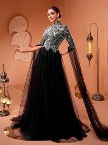 AMILUCK Fashion Women's Elegant Elegant Sequins Sequin Bead Lace Small Stand Collar Extra Long Slit Sleeve Patchwork Sheer Mesh Oversized Black - Black - View 5
