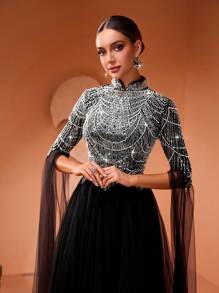 AMILUCK Fashion Women's Elegant Elegant Sequins Sequin Bead Lace Small Stand Collar Extra Long Slit Sleeve Patchwork Sheer Mesh Oversized Black - Black - View 4