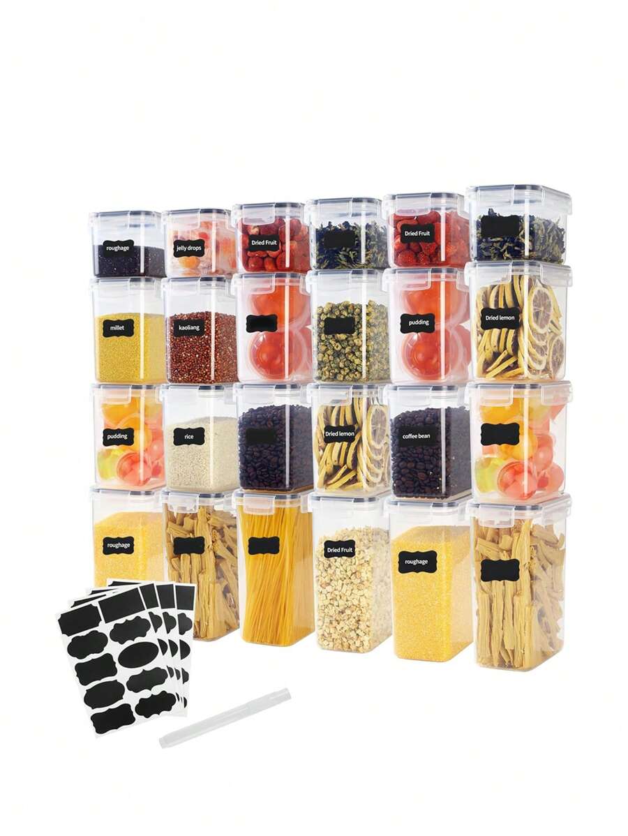 24pcs,Airtight Food Storage Containers Set, Plastic Kitchen Pantry Organizer, With Easy Lock Lids For Pasta Spaghetti Cereal Snack Flour Sugar Rice Organization, Include Labels - Black and White - View 1