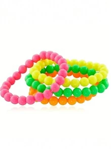 4 Pieces Set Neon Plastic Bead Necklace And Bracelet, 80s Fancy Dress Disco Chick Night Party Accessories