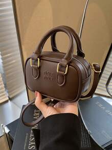 新款大容量软皮波士顿手提包配毛绒娃娃吊坠，女式单肩斜挎包，适合四季通勤，秋冬季 - 咖啡棕 - 查看 5