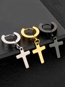 1 对不锈钢设计环形耳环，时尚男女通用嘻哈时尚几何耳环，适合日常佩戴 - 十字 - 查看 4