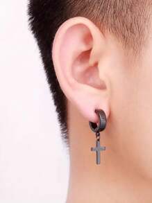 1 对不锈钢设计环形耳环，时尚男女通用嘻哈时尚几何耳环，适合日常佩戴 - 十字 - 查看 3