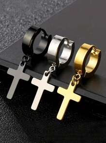 1 对不锈钢设计环形耳环，时尚男女通用嘻哈时尚几何耳环，适合日常佩戴 - 十字 - 查看 2