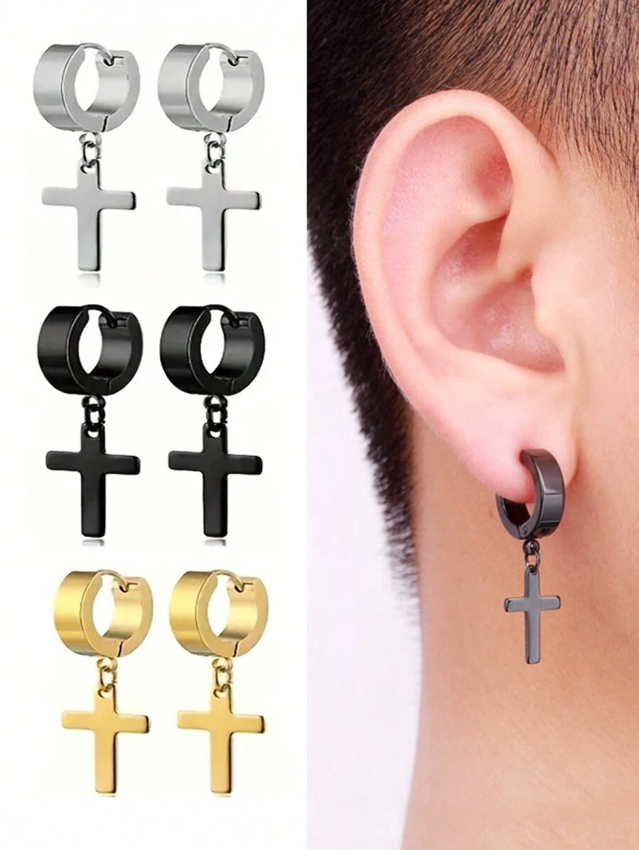1 对不锈钢设计环形耳环，时尚男女通用嘻哈时尚几何耳环，适合日常佩戴 - 十字 - 查看 1