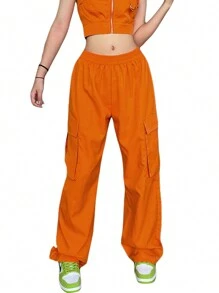 Women's Casual Pants, Elastic Waist Solid Color Straight Leg Pocketed Loose Cargo Trousers - 橘色 - 查看 5