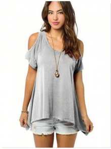 Women Summer Short Sleeve T-Shirt Hollow Out Off Shoulder V Neck Tops Solid Color Irregular Hem Loose Blouse - Màu Xám nhạt - Xem 2