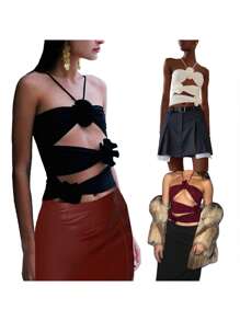 Women's Halter Crop Cami Tops, Sleeveless 3D Flower Front Hollow Out Ruched Camisole