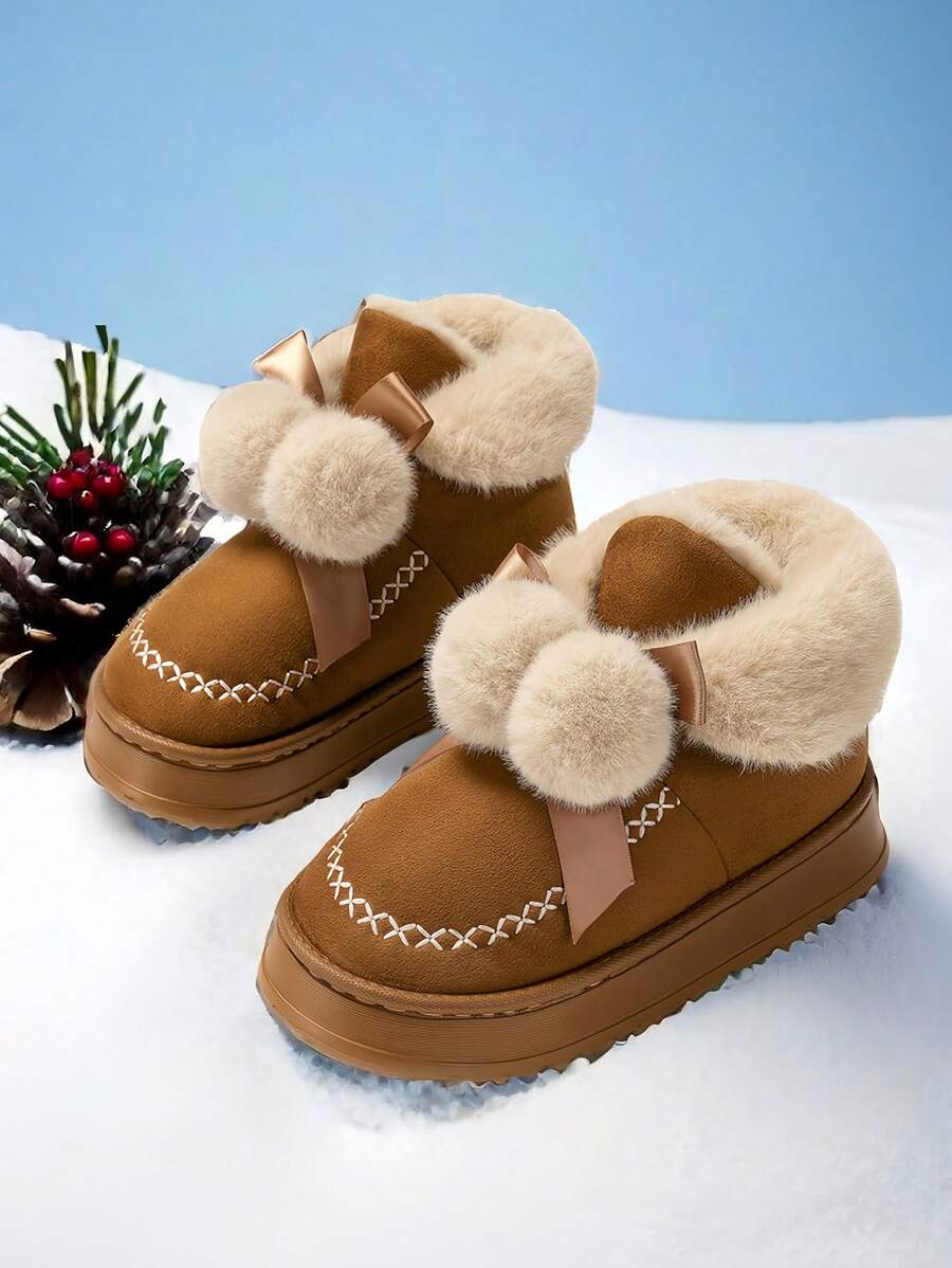 1 Pair Teens' Fuzzy Bow Decor Thick Bottom Warm Lined Flat Casual House Slippers, Suitable For Autumn/Winter
