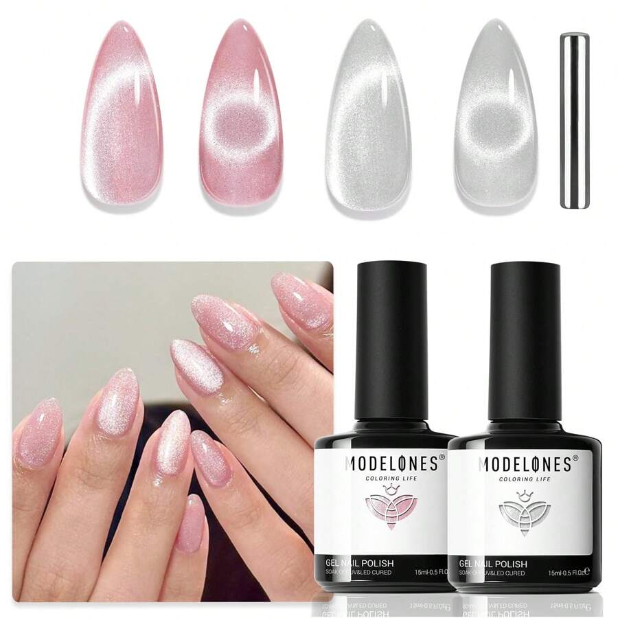 Modelones Cat Eye Gel Nail Polish, 2 PCS 15ML Pink Sliver Holographic 9D Cat Eye Glitter Multichrome Gel Polish Pink Nail Gel Polish With Magnet Soak Off Led Nail Art Gel DIY Salon Gift - 彩色 - 查看 1