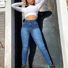 High Waisted Solid Skinny Jeans, Casual Slim Fit Jeans With Slant Pockets, Women's Jeans And Clothing - 藍色 - 查看 3