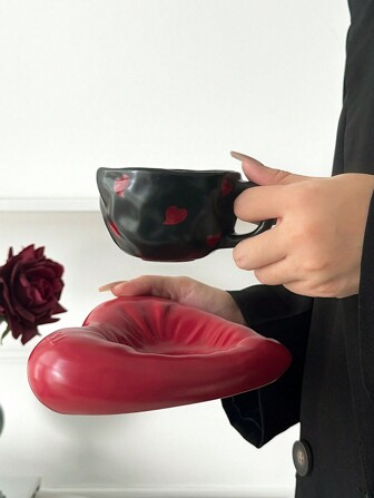 1pc Vintage High-Quality Ceramic Heart Shaped Cup & Saucer Set, Stylish Milk/Coffee Mug With Plate