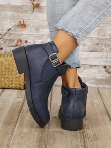 Women's Chunky Heel Boots, Fall/Winter Round Toe Dual Elastic Strap Buckle Decor Slip-On Short Booties