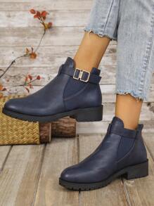 Women's Chunky Heel Boots, Fall/Winter Round Toe Dual Elastic Strap Buckle Decor Slip-On Short Booties