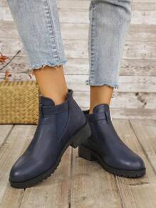 Women's Chunky Heel Boots, Fall/Winter Round Toe Dual Elastic Strap Buckle Decor Slip-On Short Booties