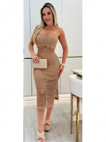 Evangelical Modal Knit Party Slit Strap Midi Dress - Apricot - View 2