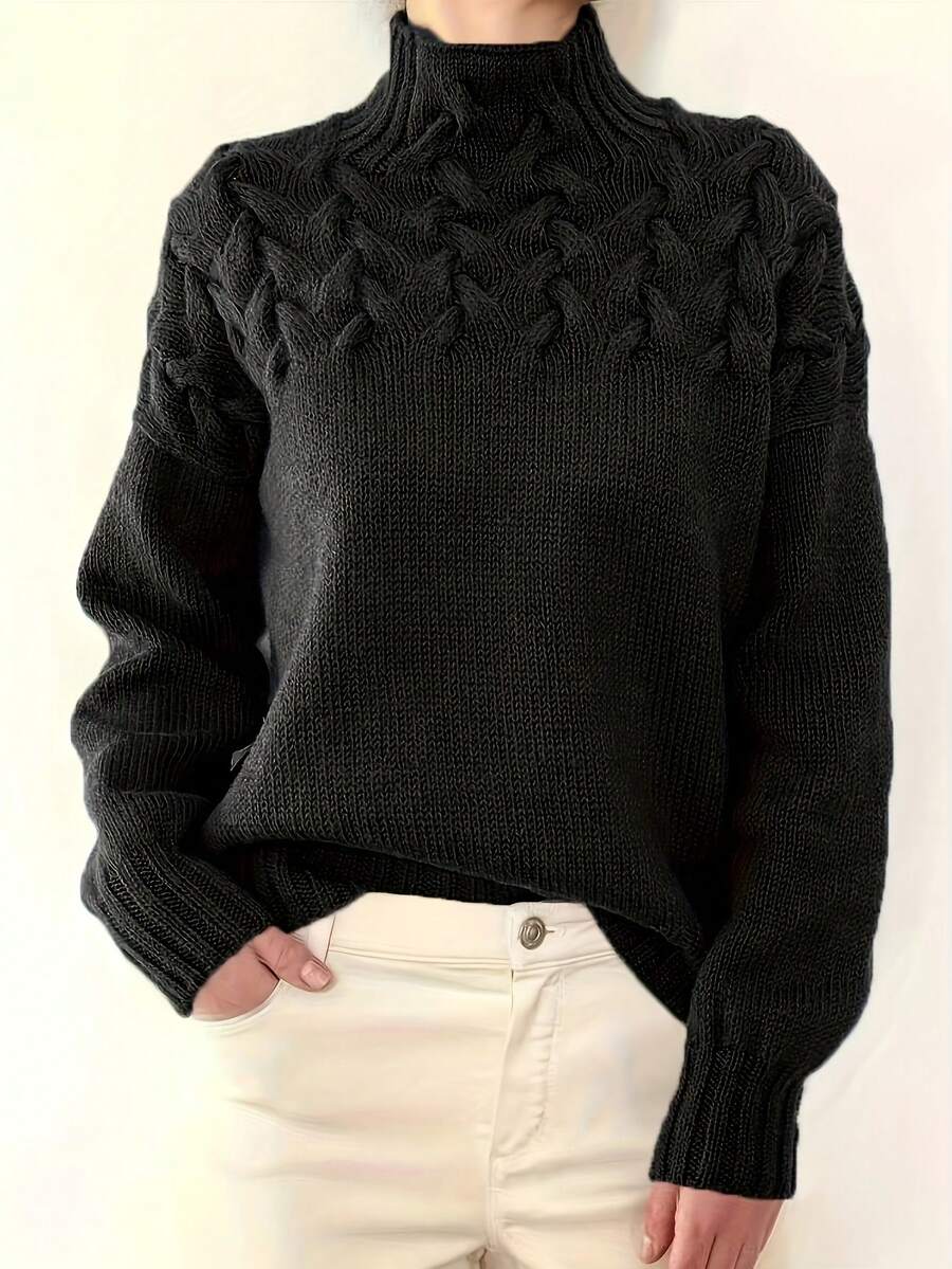 Plus Size Simple Style High Neck Solid Color Knit Pullover Sweater, European And American Fashion - Black - View 1
