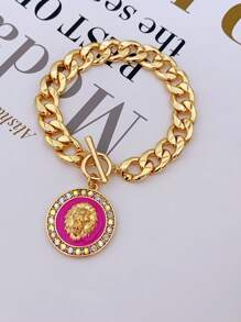 1 Pieza Pulsera Con Colgante De Cabeza De León De Aleación De Zinc Con Decoración De Diamantes De Imitación Adecuado Para Uso Diario De Mujeres