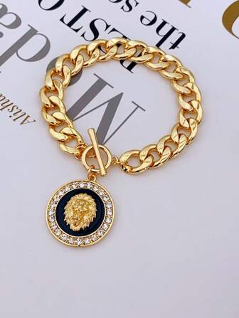1pc Zinc Alloy Lion Head Pendant Bracelet With Rhinestones Decoration Suitable For Women's Daily Wear