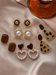 5 件/套简约复古人造珍珠心形花朵精美设计耳钉套装情人节