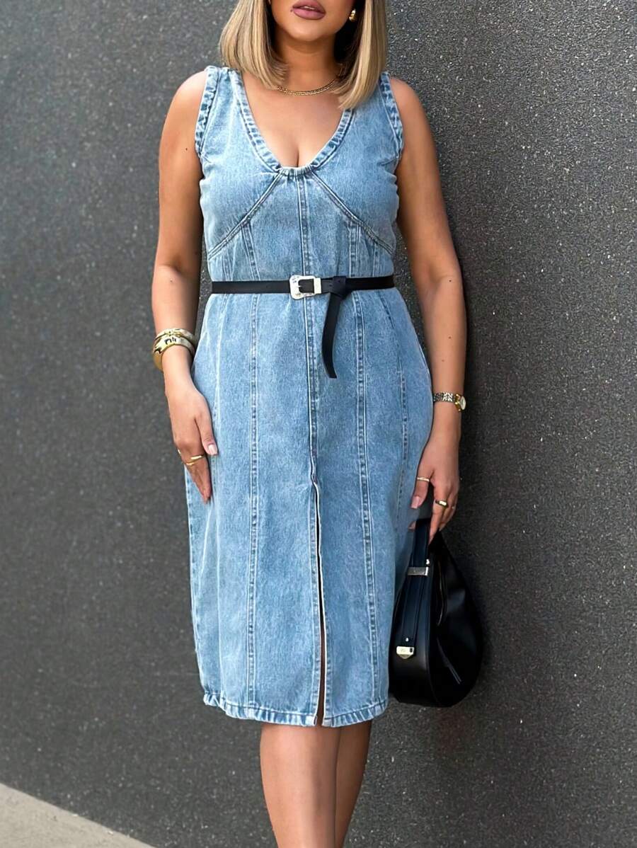 JANE FINE 8292 Women's Denim Dress Plain Short Dress With Belt 8292 - Rửa trung bình - Xem 1