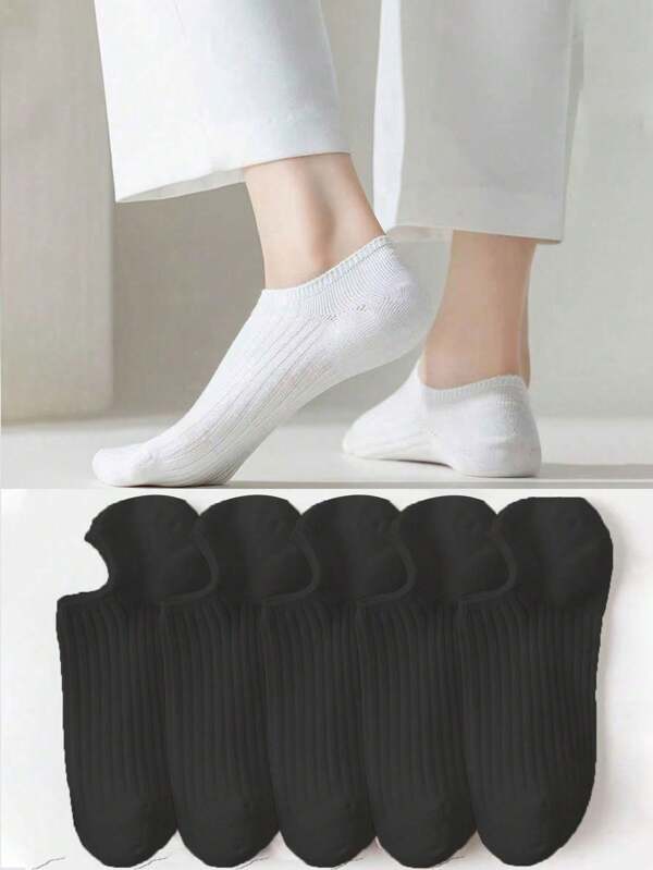 5pairs Women Short Socks Breathable Anti-Odor Sweat-Absorbent Solid Color Low-Cut Boat Socks Summer No-Show Socks Black