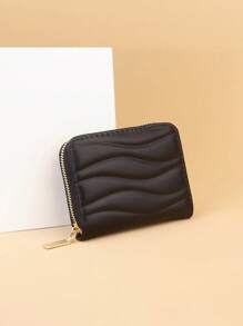 1pc Short Wavy Pattern Wallet Card Holder Portable Fashion Short Wallet Suitable For Women's Daily Use Dating Gift,Men's Wallet - Black - View 3
