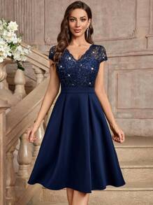 MIUSOL Đầm cocktail tay ngắn cổ chữ V đính sequin và ren hoa, thích hợp làm đầm dự tiệc cưới, đầm dạ hội mùa xuân thanh lịch. - Màu xanh hải quân - Xem 2